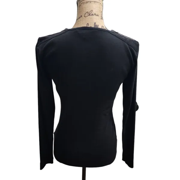 Lauren Ralph Lauren Long Sleeve Top Lace‎ Shoulder Detail Black Size M - Image 2