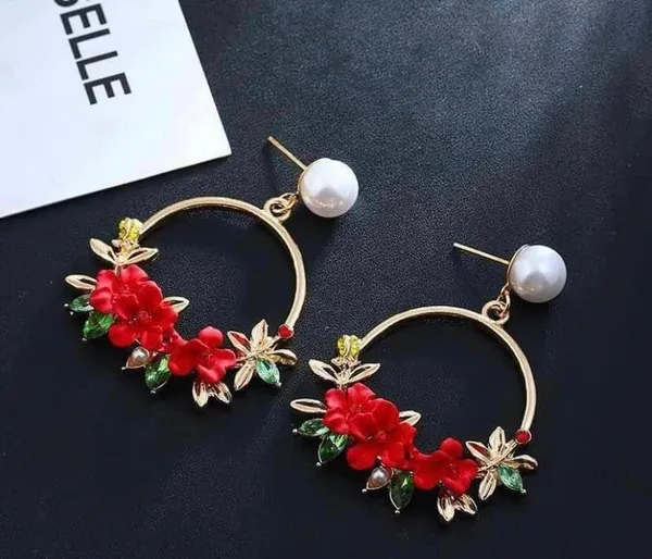 Women's Pearl Crystal Flower Dangle Drop Hoop Earrings - Image 2
