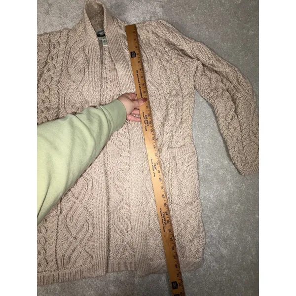 Aran Crafts Ireland Tan Chunky Cable Knit Wool Open Front Cardigan W Pockets‎ Xs - Image 7