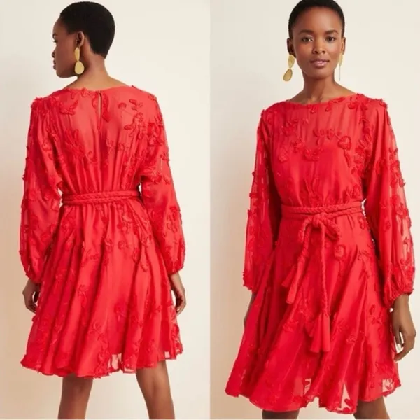 Anthropologie Mare‎ Mare Amal Puff Sleeve Textured Floral Mini Dress Red Size XS - Image 3
