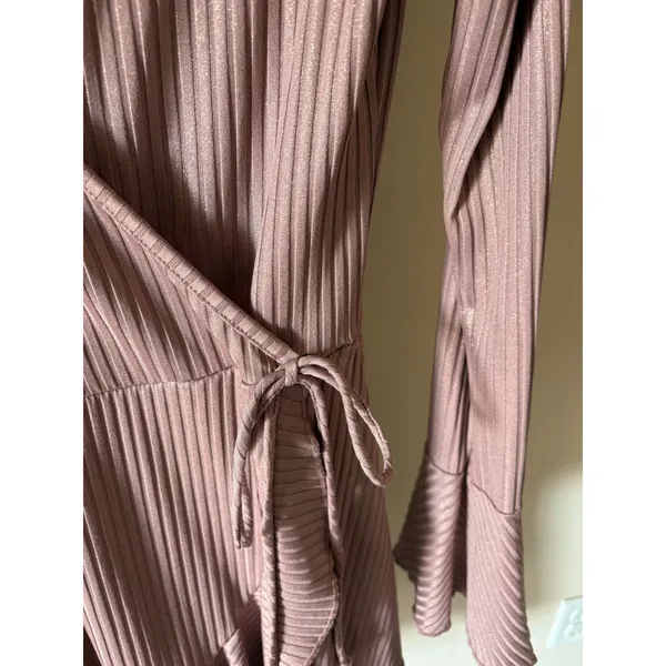 Altar'd State Taupe Metallic Wrap Mini Dress Long Bell Sleeve Pink Medium - Image 3