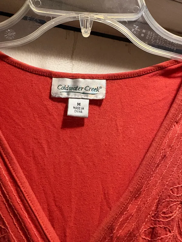 Coldwater Creek coral/orange short sleeve embroidered empire waist blouse, M - Image 3
