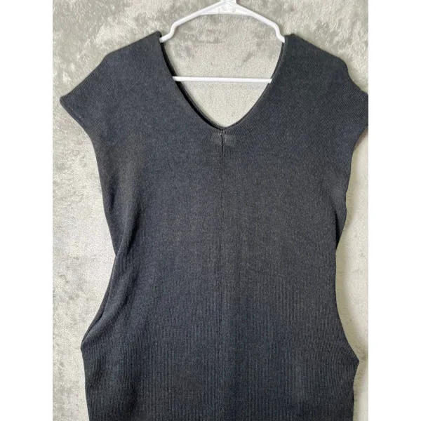 Été Noir Pima Cotton Charcoal Knit Mini Dress Minimalist Euro Chic Ribbed Sheath - Image 2