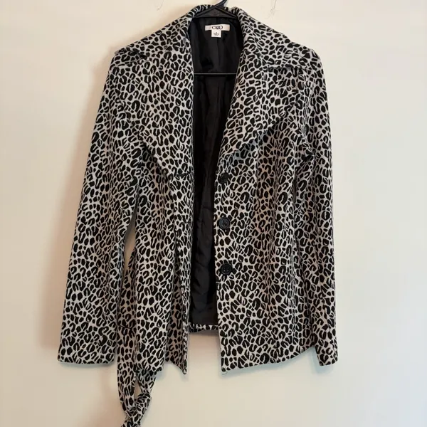 Cato Jacket Small Black White Leopard Print Button‎ Tie Waist Long Sleeve Knit - Image 2
