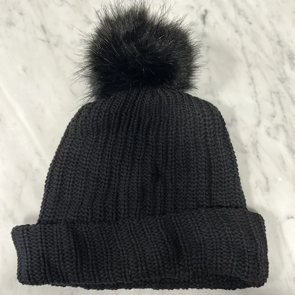 Love Your Melon! Leather Embossed Black Knit Beanie with Faux Fur Pom-Pom! - Image 2