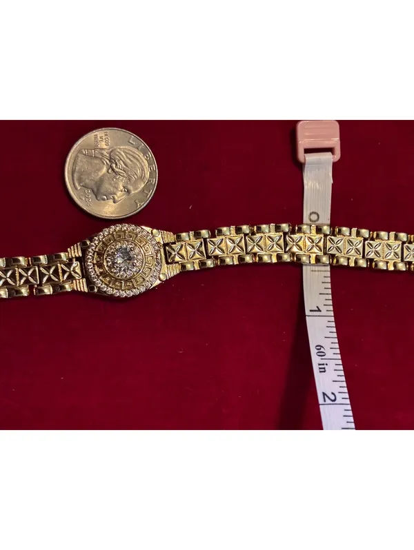 Gold-Tone Greek Key Medallion Link Bracelet – CZ Halo Accent, 0.5" Wide Band 7”L - Image 7