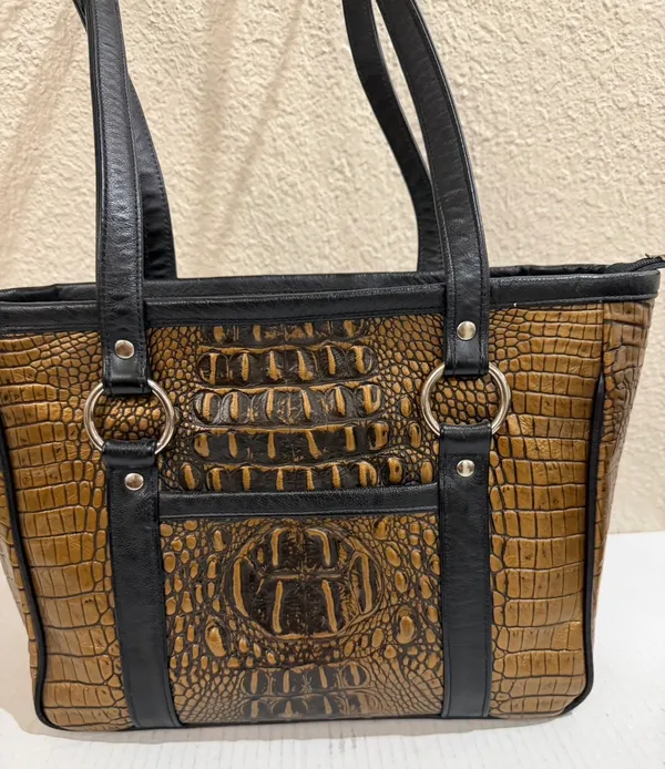 Faux Crocodile Embossed Tote Bag Brown Black Shoulder Handbag Zip Top Large - Image 9