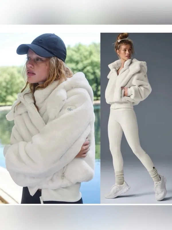 Alo Yoga Foxy Faux Fur Jacket Ivory White With Removable Hoodie Size Small - Image 2