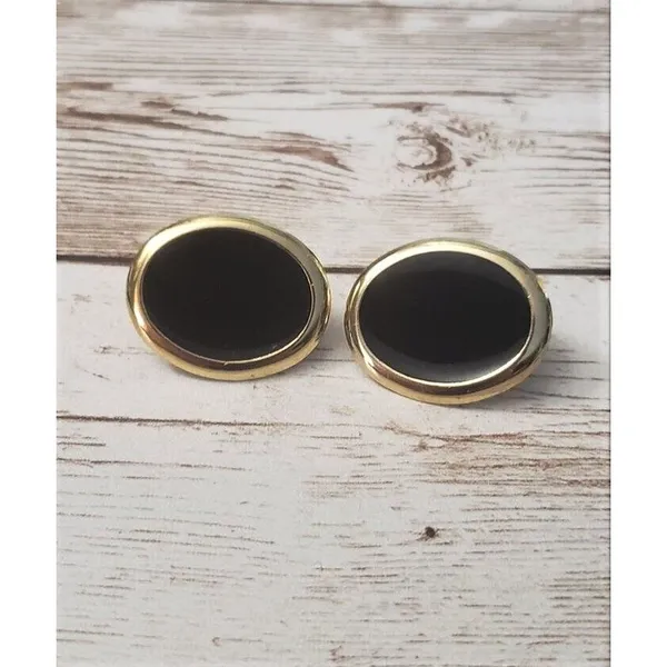Vintage Clip On Earrings Black Oval with Gold Tone Halo 1" - Image 2