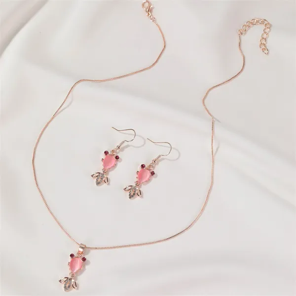 14K Rose Gold Plated Gold Fish Jewelry Set Fish Pendant Necklace Pink Crystal Fish Dangle Drop Earrings(2pcs/set) - Image 4