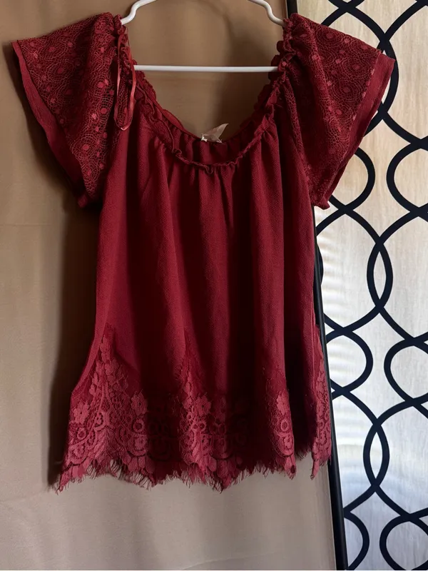 ELF Deep Burgundy Lace Flutter Sleeve Blouse Red - Image 9