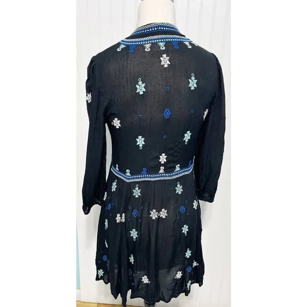 Free People Stargazer Mini Dress Embroidered V-Neck Tie Waist Black Blue Small - Image 4