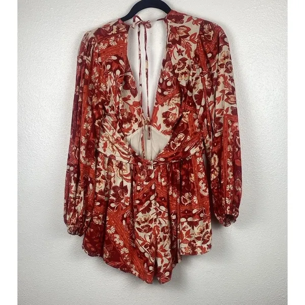 Free People Red Cream Floral V-Neck Long Balloon Sleeve Romper S Rayon - Image 16