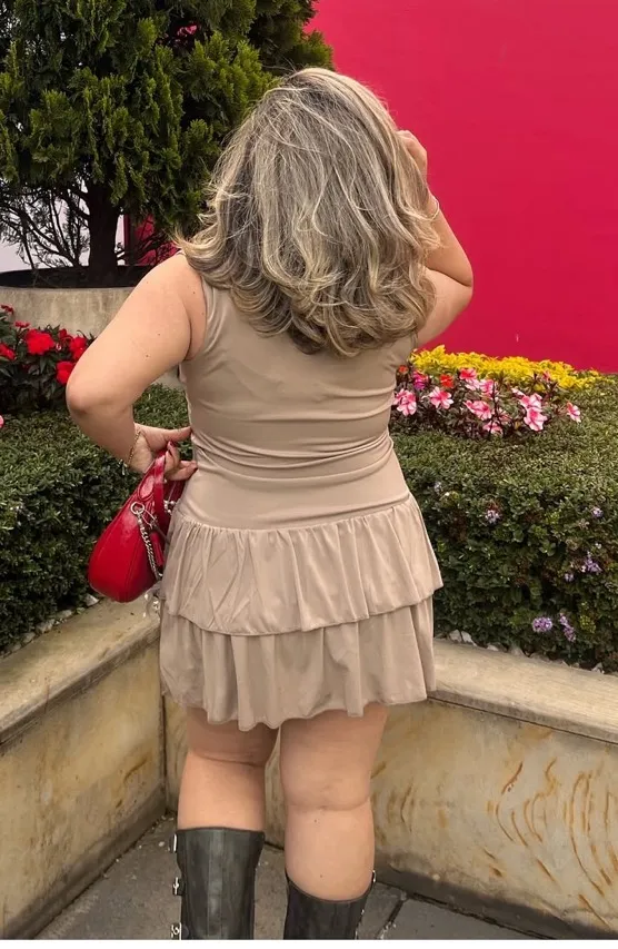 Brown mini dress bubble style layered skirt mock neck fall style short neutral dress - Image 5