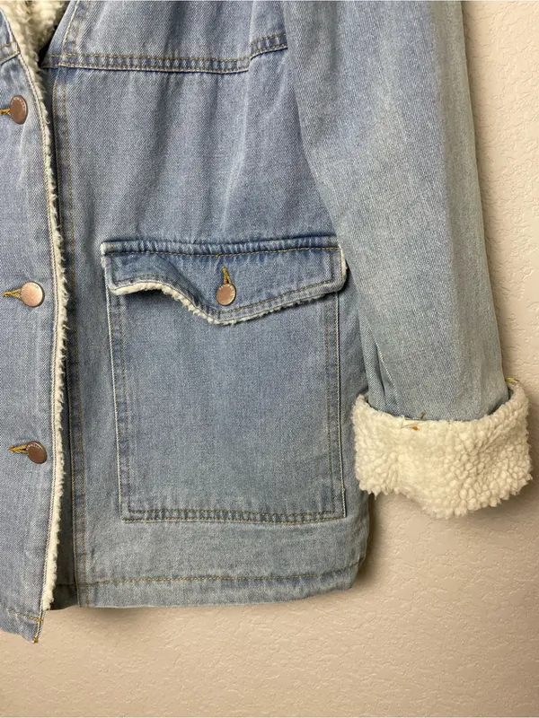 Ashley Vintage Charm HEAVY Sherpa-Lined Light Blue Denim Jacket Size L - Image 2
