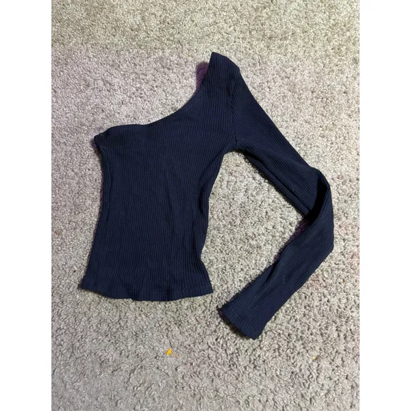 RSQ Womens XXS Black Ribbed One Shoulder Long Sleeve‎ Asymmetrical Knit Top - Image 2