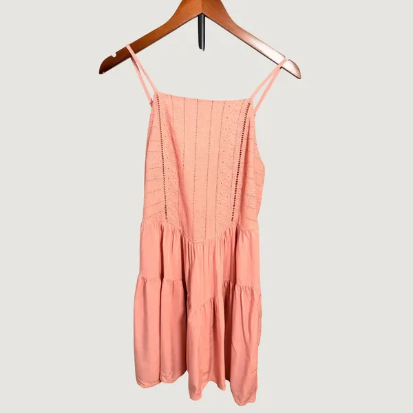 Wild Fable Coral Pink Eyelet Tiered Mini Dress Smocked Back Large - Image 3