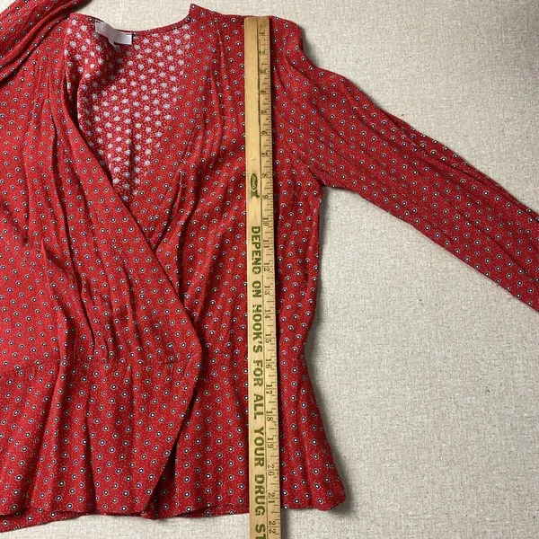 Cooperative Womens Large Red V Neck Wrap Top Long Sleeve Flower Polka Dot‎ - Image 10