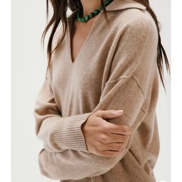 NWT!! FREE PEOPLE Eloura Cashmere‎ Henley Sweater Solid Light Brown Tan X-Large - Image 5