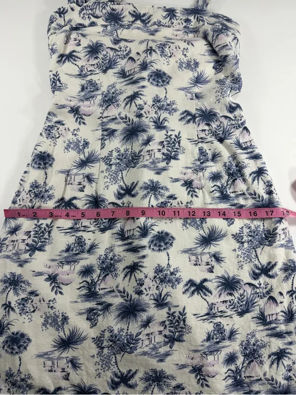 Coastal Linen Blend Halter Mini Dress Tropical‎ Toile Print Blue Ivory Womens M - Image 4