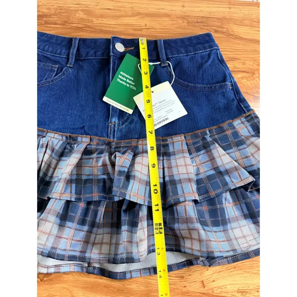 Halara Denim Plaid Ruffle Tiered Mini Skirt Size S NWT - Image 6