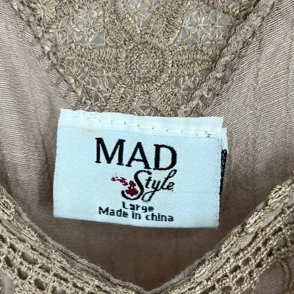 MAD STYLE Womens Boho Blouse Large Brown Crochet Lace Sheer Peasant Top Festival - Image 4
