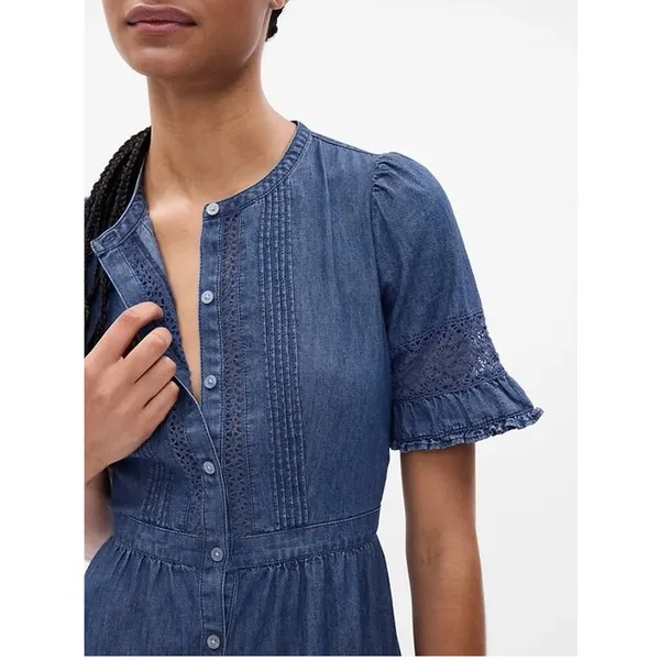 Gap × LoveShackFancy Denim Tiered Midi Dress with lace and ruffle detail sz. S - Image 5