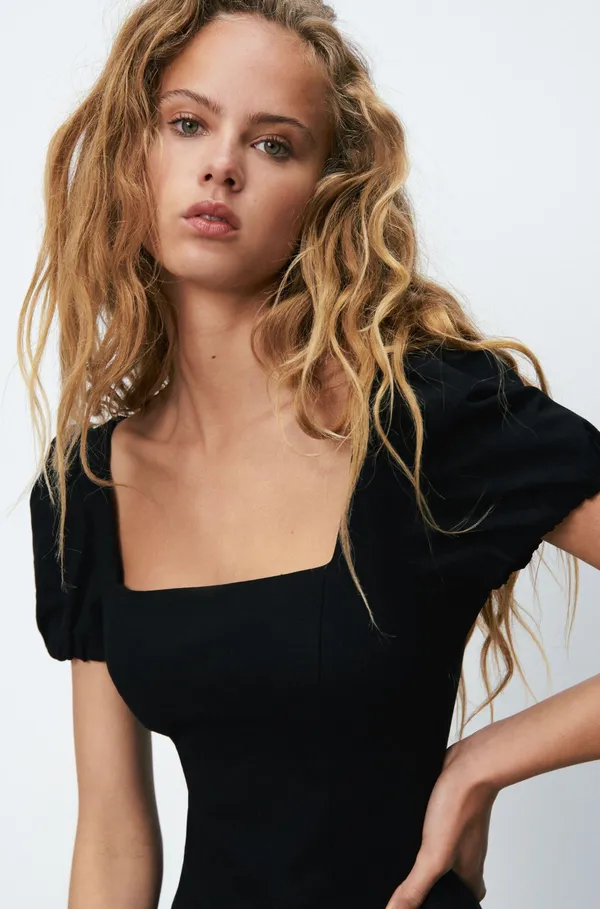 ZARA linen blend little black dress bohemian milkmaid mini linen - Image 2