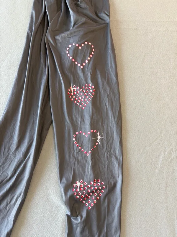 Women's Long Grey and Pink Heart Theme Pull On Elastic Wasit Straight Leg Pants - Image 3