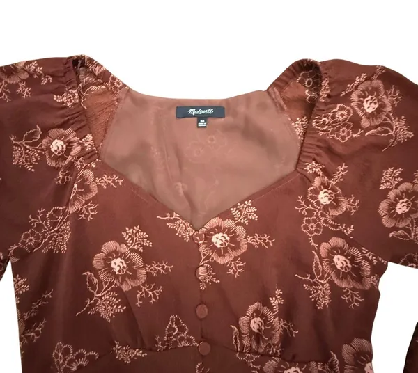Madewell Floral Print Top Long Sleeve Square Neck Blouse Brown Women's XS - Image 2