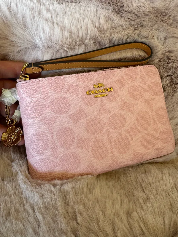 NWT Coach CEF72 Corner Zip Wristlet Signature Canvas with Charm Gold Powder Pink - Image 2