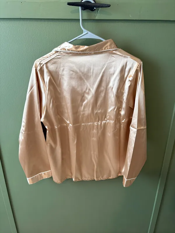 Tan Satin Button Front Pajama Set Gold Size L - Image 3