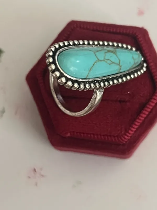 02 Collection Stainless Steel Silver Bohemian Design Faux Turquoise Statement Ring Size 7 - Image 2