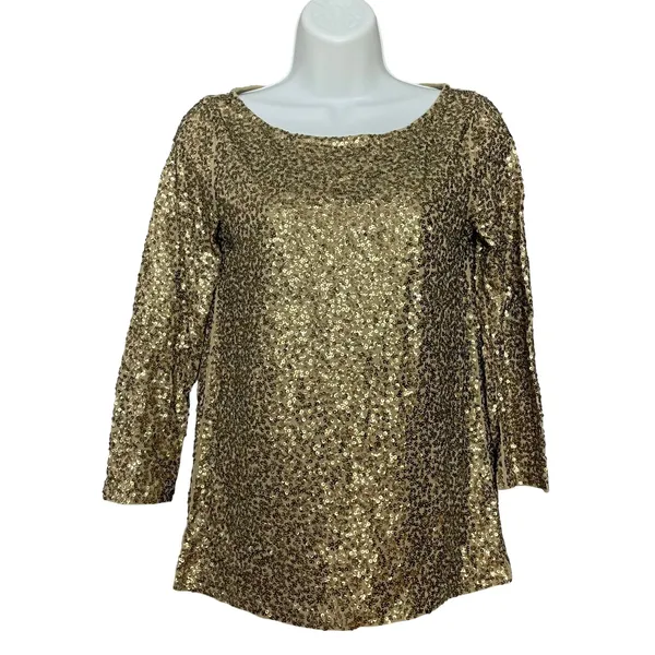 J. Crew Sequin Shirt Boat Neck 3/4 Sleeves Size XS Women Gold Christmas Top - Image 3