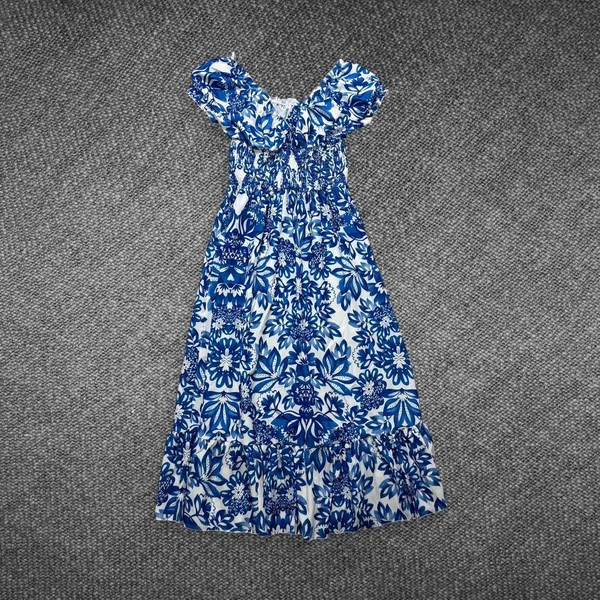 Blue White Floral Smocked Puff Sleeve Maxi Dress Size M - Image 6