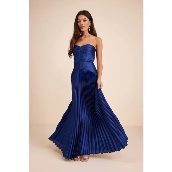 Lulus Elkay Navy Blue Pleated Satin Drop Waist Maxi Dress Formal Glam XS NWT - Image 3