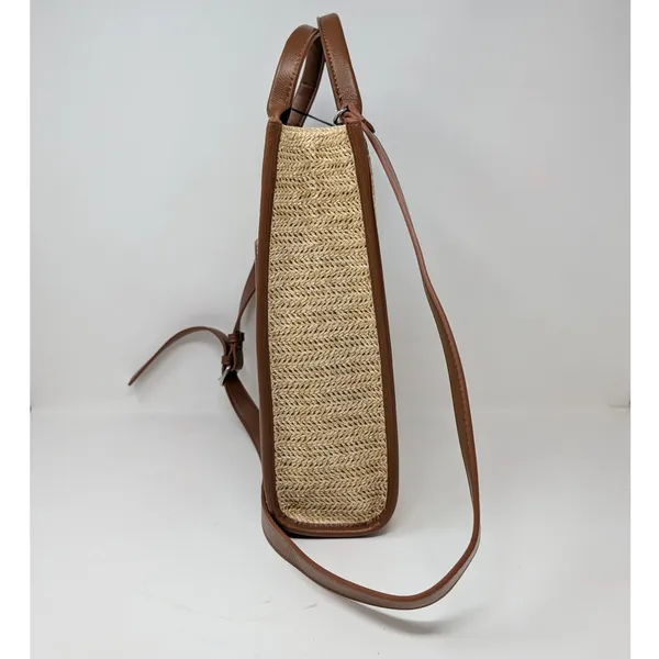 BCBG Straw Woven Tote Bag Natural Cognac Crossbody NWT - Image 5