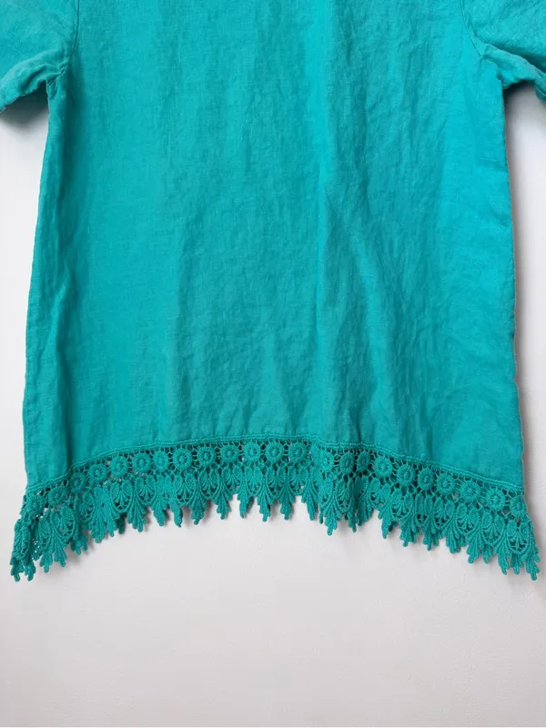 TERZO Millennio Short Sleeve Linen Top Crochet Trim Made In Italy Size Small - Image 4