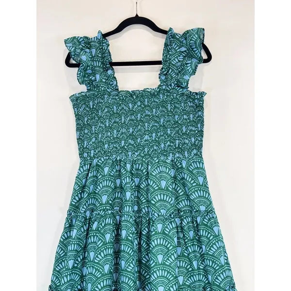 J Marie Midi Dress Green Floral Square Neck Ruffle Smocked Tiered A Line Medium - Image 5