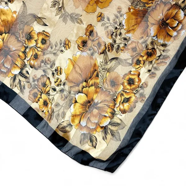Vintage Black Gold Floral Stripe Square Sheer Fashion Scarf - Image 2