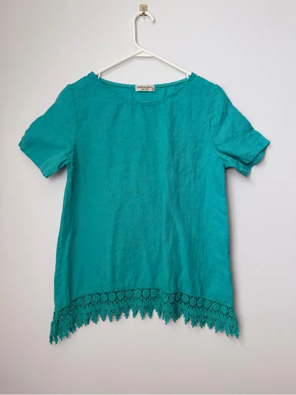 TERZO Millennio Short Sleeve Linen Top Crochet Trim Made In Italy Size Small - Image 2