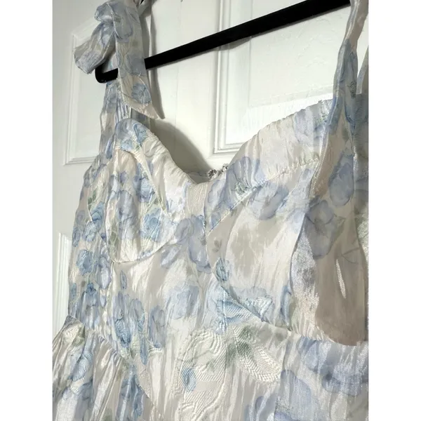 Lulus White Baby Blue Floral Burnout Tie-Strap Sweetheart Midi Dress Size M - Image 7