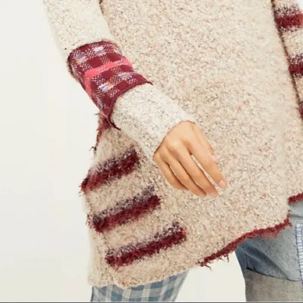 Free People Cloud Oversized Tunic Sweater V Neck Grey Tan Red Pink Size XS - Image 2