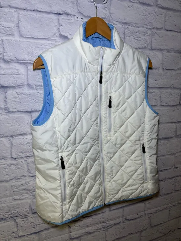 Lands End Vest Women's Size Med 10/12 White Blue Quilted Warm Full Zip Primaloft - Image 4