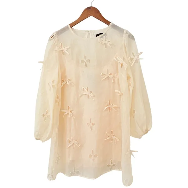 Lulus Aamira Cream Embroidered Bow Blouson Sleeve Shift Mini Dress size S NWOT - Image 4