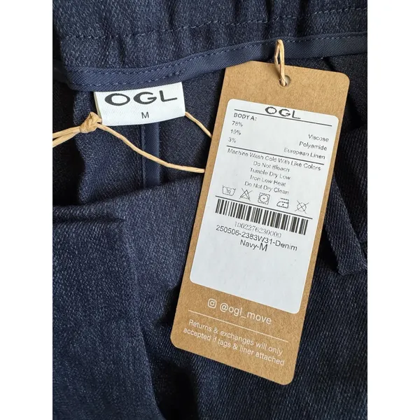 NWT OGL European Linen-Like Mid Rise Flared Pant Size Medium Pockets Denim Navy - Image 8