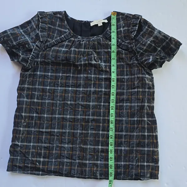 LOFT -289 Plaid Short‎ Sleeve Ruffle Shimmer Blouse Top Black Tan White Small - Image 8
