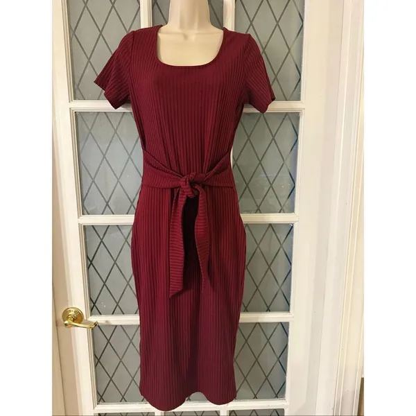 Ribbed Tie Front Midi Dress Burgundy Size Small - Image 2
