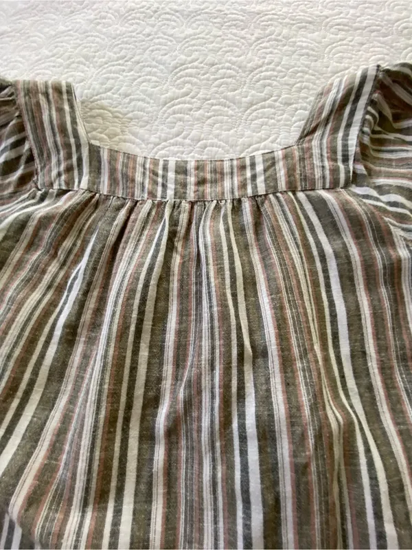 Studio West Brown Multi-Stripe Square Neck Peasant Blouse Linen and Cotton Blend - Image 9