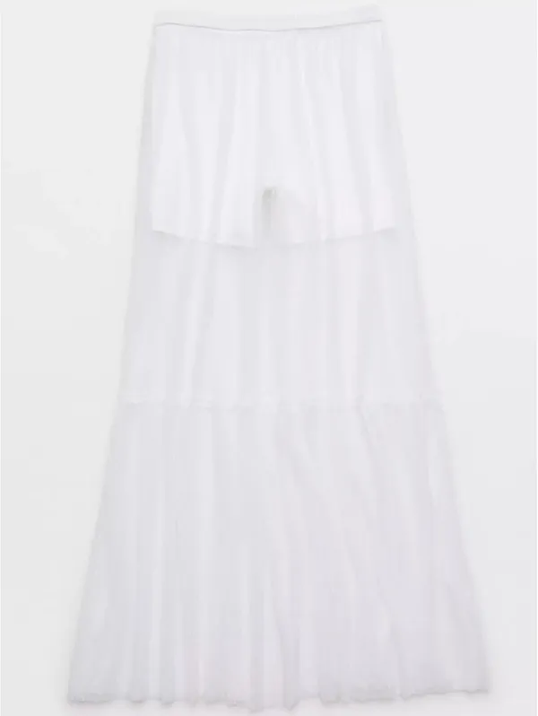 AE OFFLINE By Aerie Tiered Dot Mesh Maxi Skirt American Eagle NWT White L - Image 9